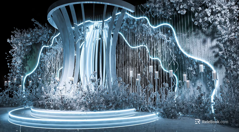 Modern Dreamy Photo Check In Spot With Glowing Lines White Blue Lighting And Floral Decor 3d model 