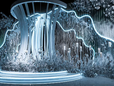 Modern Dreamy Photo Check In Spot With Glowing Lines White Blue Lighting And Floral Decor 3d model