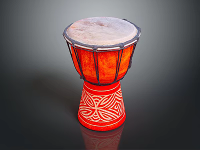 Traditional Red Musical Drum with Intricate Painted Patterns and Artistic Design Elements 3d model