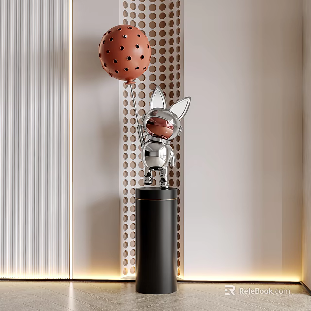 Rabbit Shaped Metallic Silver Sculpture On Black Cylindrical Base With Perforated Wall Background 3d model