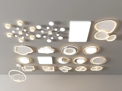 Modern Lighting Combination With Round Square Cloud Shaped Ceiling And Pendant Lights Design 3d model