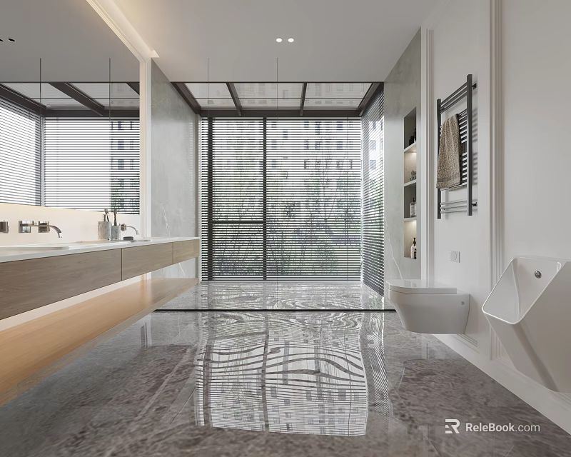 Bright Spacious Modern Minimalist Bathroom With Glossy Marble Floor Suspended Wood Vanity And Large Window 3d model 