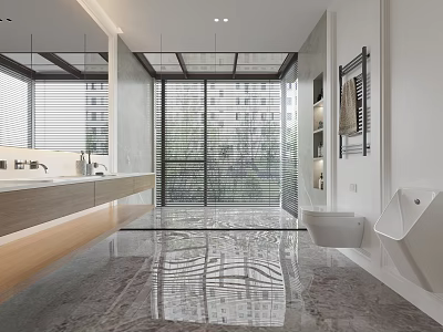 Bright Spacious Modern Minimalist Bathroom With Glossy Marble Floor Suspended Wood Vanity And Large Window 3d model