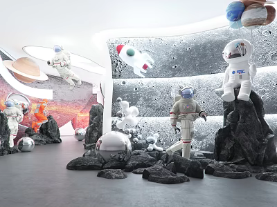 Space Themed Exhibition Hall Interior With Astronaut Models And Floating Planets 3d model