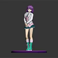 Anime Game Character With Purple Hair White Blouse Green Skirt Blue Boots On Purple Base