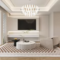 Modern Living Dining Room Interior With Chandelier Sofa Checkered Rug And Coffee Table
