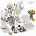 Decorative Ornament Set With White Flowers Vase Open Book Lemons Glassware And Tray