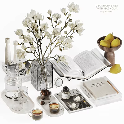Decorative Ornament Set With White Flowers Vase Open Book Lemons Glassware And Tray 3d model