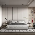 Modern Minimalist Bedroom Interior With Gray Bedding Bedside Table Hanging Lamp And Patterned Rug 3d model