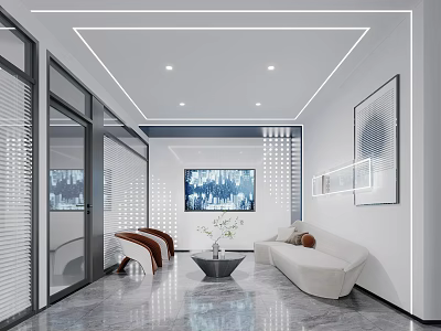 Modern Lounge Area Interior With White Sofa Brown Chairs Coffee Table TV And Decorative Paintings 3d model