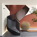 Modern Spiral Staircase With Wooden Handrail Against Red Brick Wall Geometric Decor And Green Plant