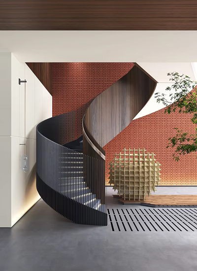 Modern Spiral Staircase With Wooden Handrail Against Red Brick Wall Geometric Decor And Green Plant 3d model