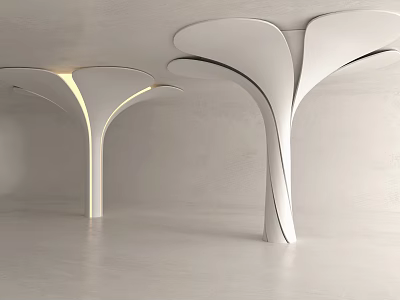Modern White Curved Columns With Unique Design And Soft Lighting In Minimalist Interior 3d model
