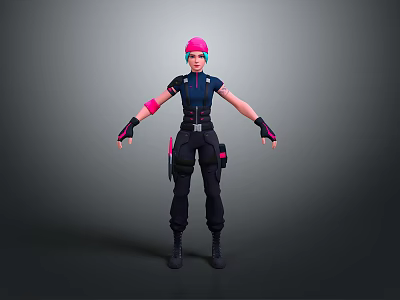 3D Game Character Model With Pink Hair Dark Blue Top And Black Pants 3d model