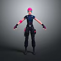 3D Game Character Model With Pink Hair Dark Blue Top And Black Pants