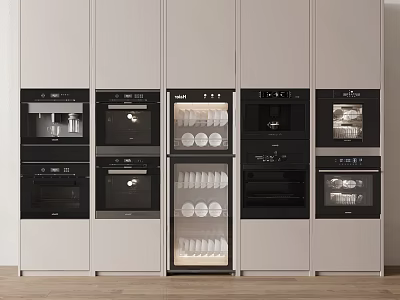 Modern Built in Kitchen Appliances With Black Ovens White Cabinets And Glass Door Dinnerware Cabinet 3d model