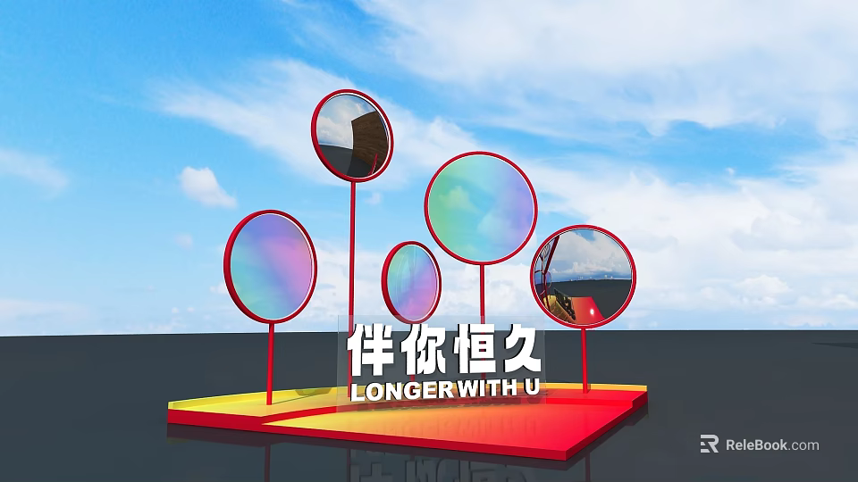 Colorful Circular Mirrors Art Installation With Red Stands On Platform Base And Blue Sky Background 3d model 