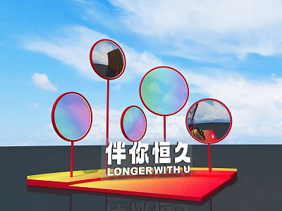 Colorful Circular Mirrors Art Installation With Red Stands On Platform Base And Blue Sky Background 3d model