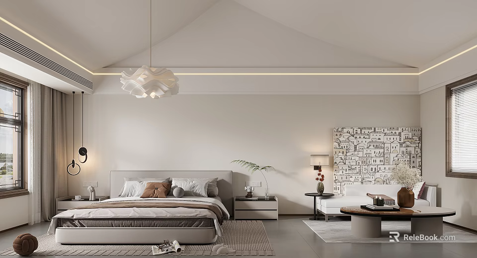 Modern Bedroom Interior With Bed Pillows Nightstand Pendant Light And Decorative Wall Art 3d model 