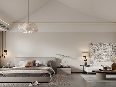 Modern Bedroom Interior With Bed Pillows Nightstand Pendant Light And Decorative Wall Art 3d model