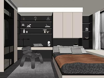 Modern Tatami Bedroom Interior With Bed Desk Open Shelves And Window Blinds 3d model