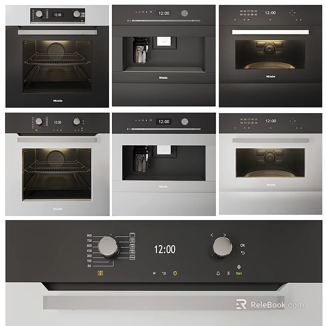 Kitchen Appliances Featuring Different Designs Black and Silver Control Panels with Knobs and Time 3d model 