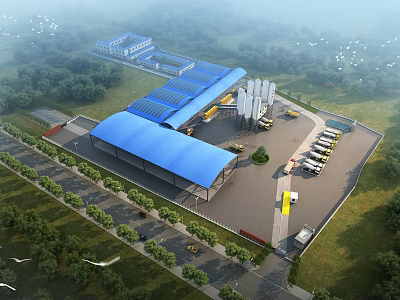 Modern Industrial Factory Plant With Blue Roof Structure Surrounded by Green Trees and Parking Area 3d model