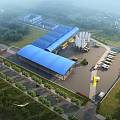 Modern Industrial Factory Plant With Blue Roof Structure Surrounded by Green Trees and Parking Area