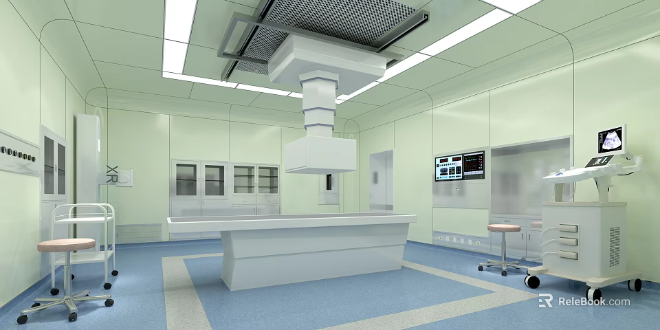 Modern Clean Surgical Operating Room With Operating Table Surgical Lamp And Display Screen 3d model 