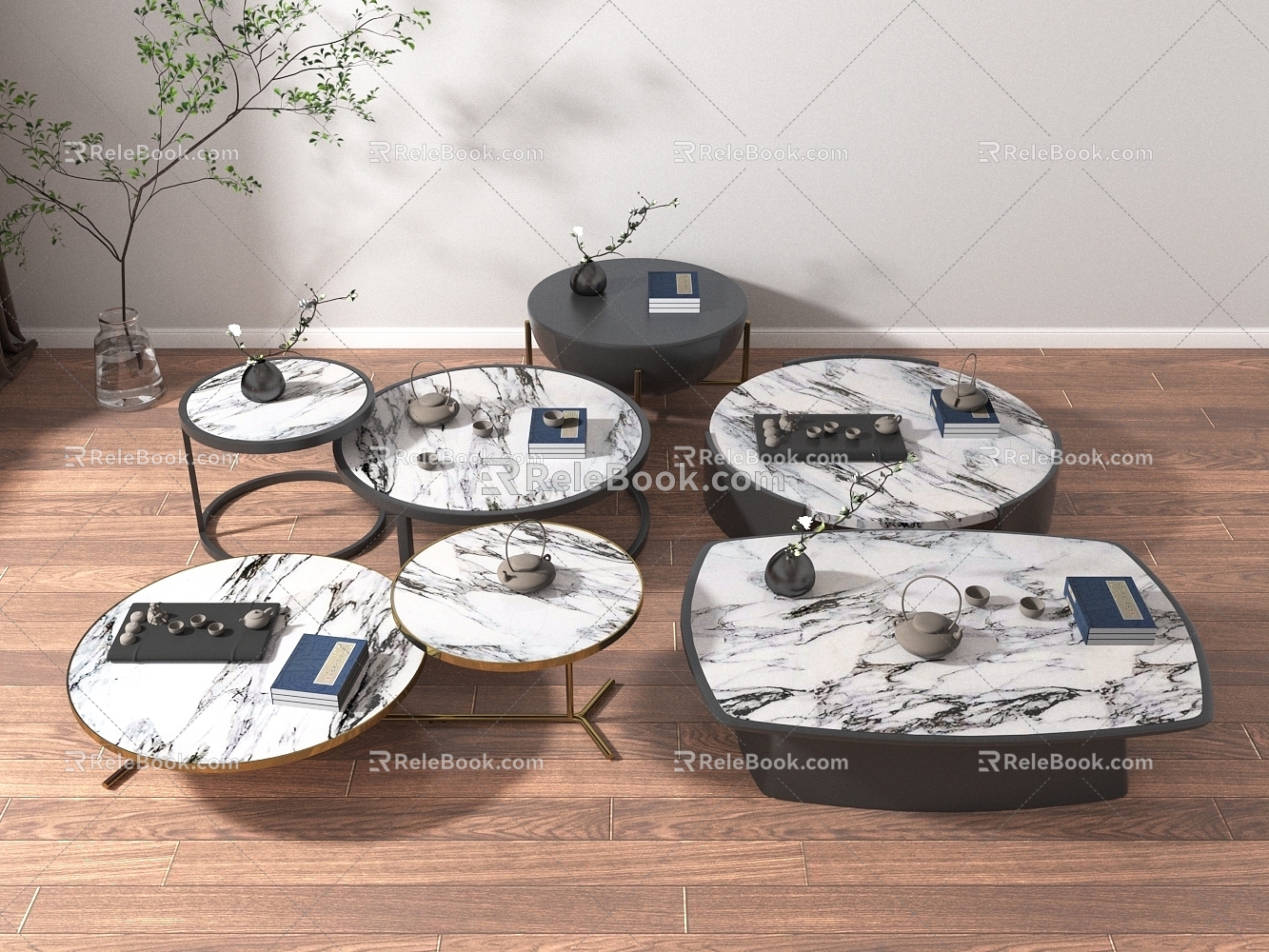 New Chinese Style Coffee Table Round Table Combination Coffee Table Combination 3d model