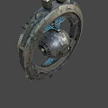 Futuristic Mechanical Device with Circular Metal Frame Central Sphere and Blue Accents