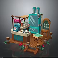 3D Wooden Stall Scene With Blue Backpack Table Stool And Flower Decorations