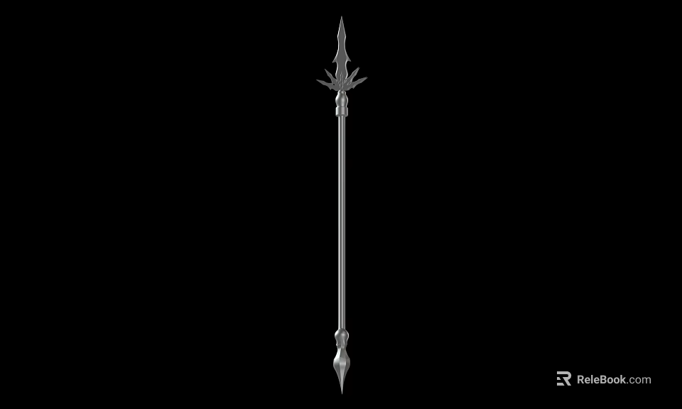 Silver Decorative Spear With Pointed Tip Carved Head And Long Metal Shaft 3d model 