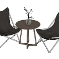 Modern Black Leather Chairs and Round Wooden Table Set with Metal Frame and Decorative Plant