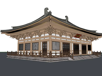Ancient Chinese Architecture Featuring Ornate Wooden Carvings Overhanging Eaves And Stone Steps 3d model
