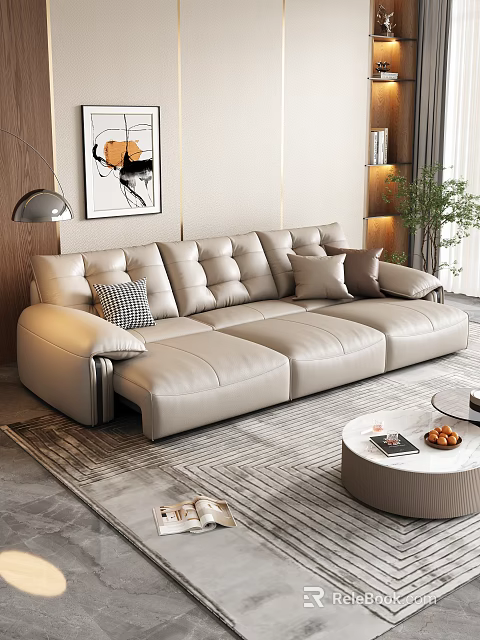 Beige Leather Sectional Sofa In Modern Living Room With Coffee Table And Decorative Elements 3d model 