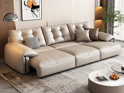 Beige Leather Sectional Sofa In Modern Living Room With Coffee Table And Decorative Elements 3d model