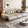 Beige Leather Sectional Sofa In Modern Living Room With Coffee Table And Decorative Elements