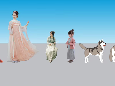 Group of People in Traditional Clothing of Different Ages with Husky Dog 3d model