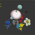Colorful Characters And Creatures With Blue Yellow Red Figures And White Flower Sphere