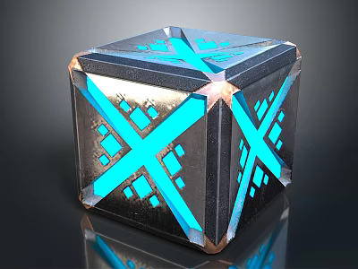 Futuristic Cube With Blue Glowing Cross Lines And Metallic Geometric Patterns 3d model