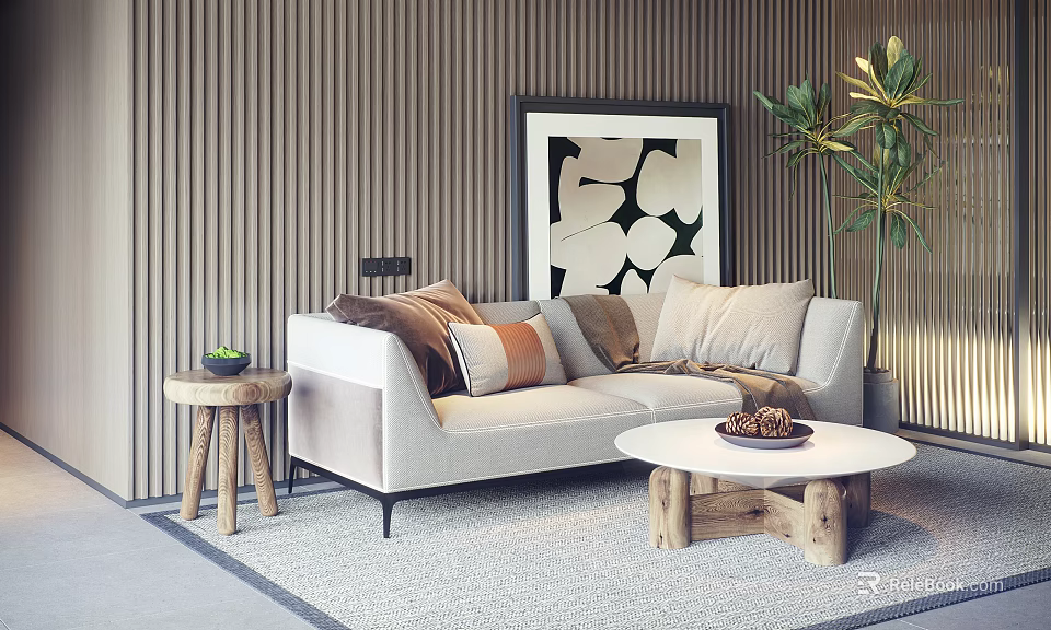 Light Grey Fabric Two-Seater Sofa with Accent Pillows Round Coffee Table and Potted Plant 3d model 