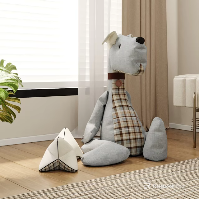 Plush Dog Doll With Checkered Scarf And Star Toy In Living Room 3d model 