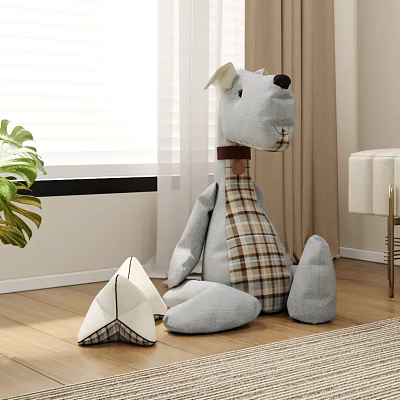 Plush Dog Doll With Checkered Scarf And Star Toy In Living Room 3d model