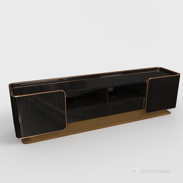 Modern Black Wood TV Stand With Gold Accents And Storage Cabinets 3d model 