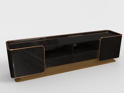 Modern Black Wood TV Stand With Gold Accents And Storage Cabinets 3d model