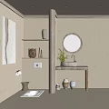 Modern Public Restroom Design With Wooden Washbasin Round Mirror And Potted Plant