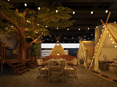 Cozy Outdoor Restaurant With Tents Trees String Lights And Gravel Floor 3d model