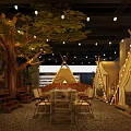 Cozy Outdoor Restaurant With Tents Trees String Lights And Gravel Floor