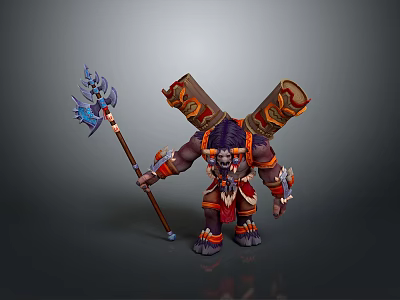 Man in Tribal Warrior Outfit Holding Blue Weapon with Scrolls on Back 3d model